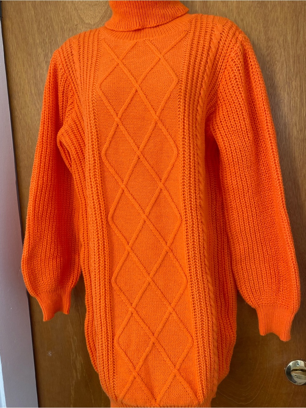 Bold Orange Cable Knit Turtleneck Sweater Dress - Women